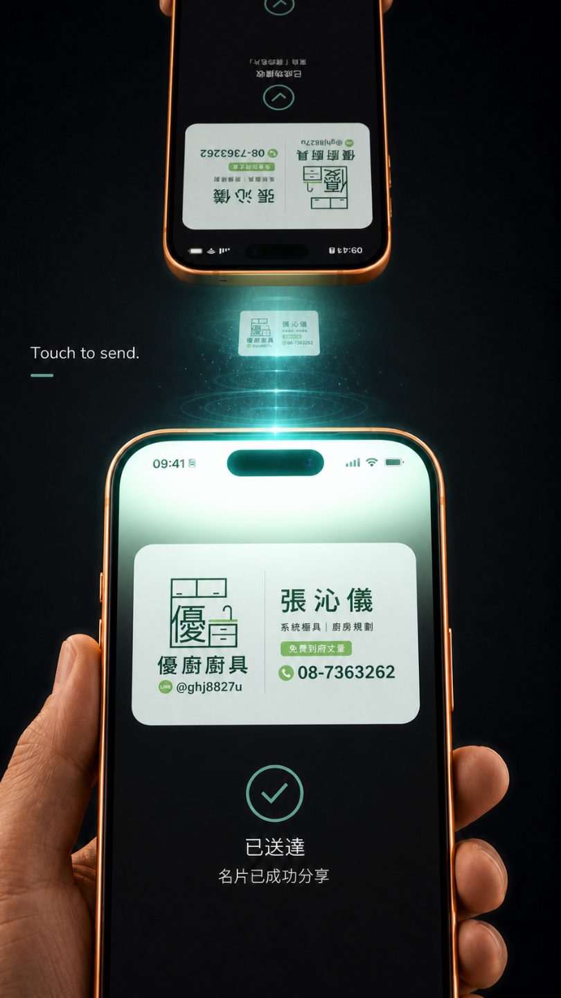 두 대의 iPhone을 맞댄 모습. 위쪽 기기에서 AirDrop으로 명함이 아래쪽 기기에 도착하고 전달 완료 표시가 보인다.