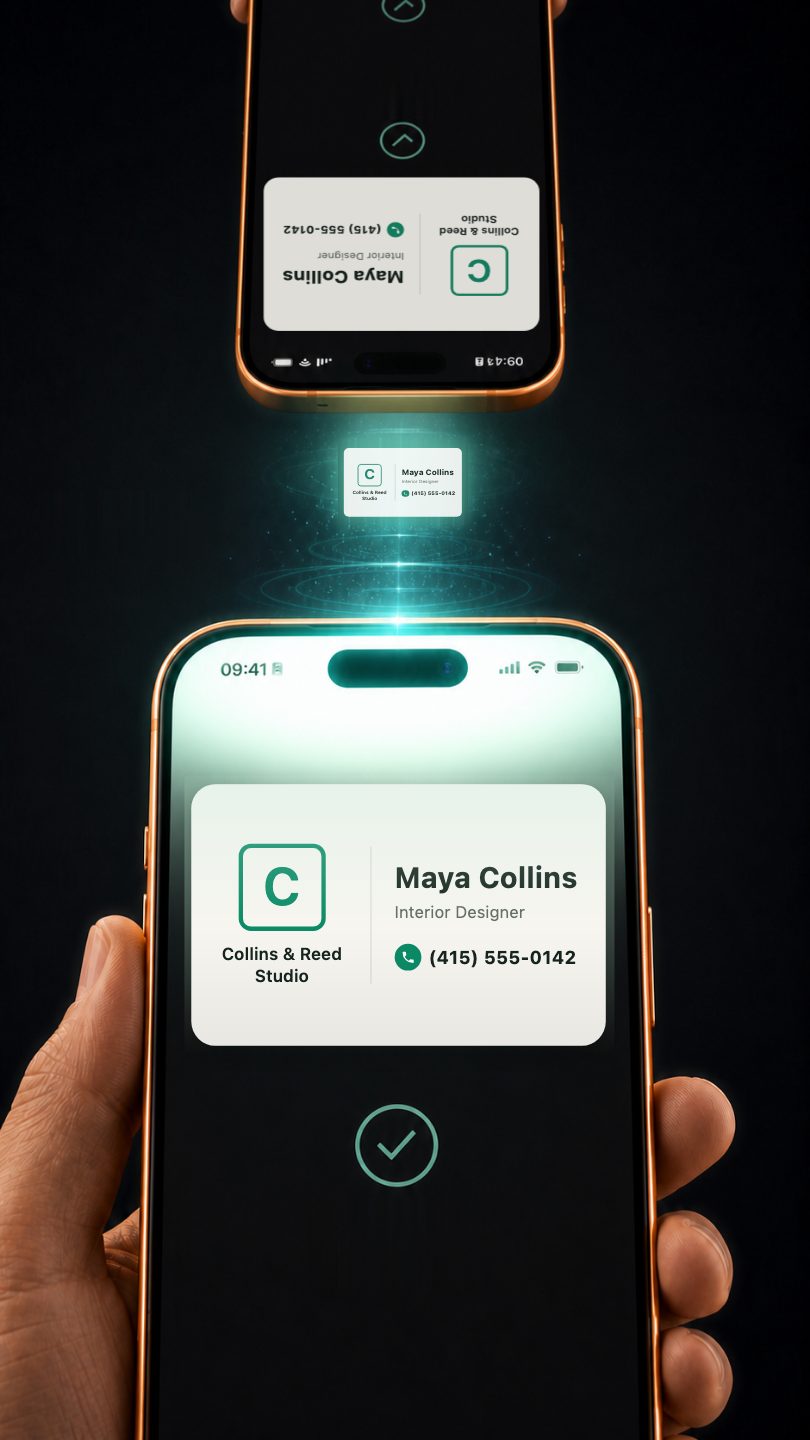 Two iPhones held together. The card leaves the upper phone by AirDrop and arrives on the lower one, which shows a delivered tick.
