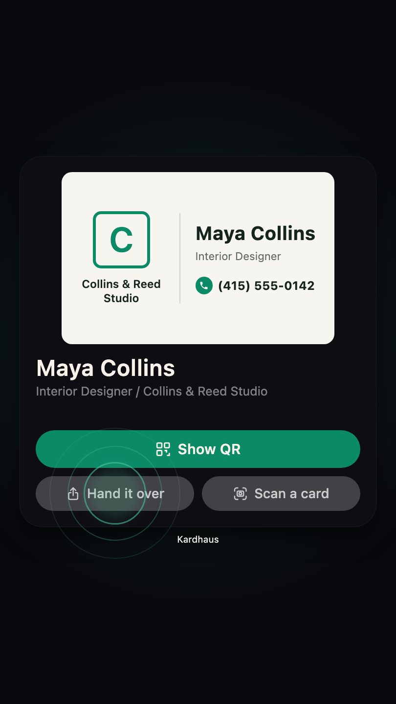 The Kardhaus Home Screen widget showing your own business card, with a finger tapping the Hand it over button.